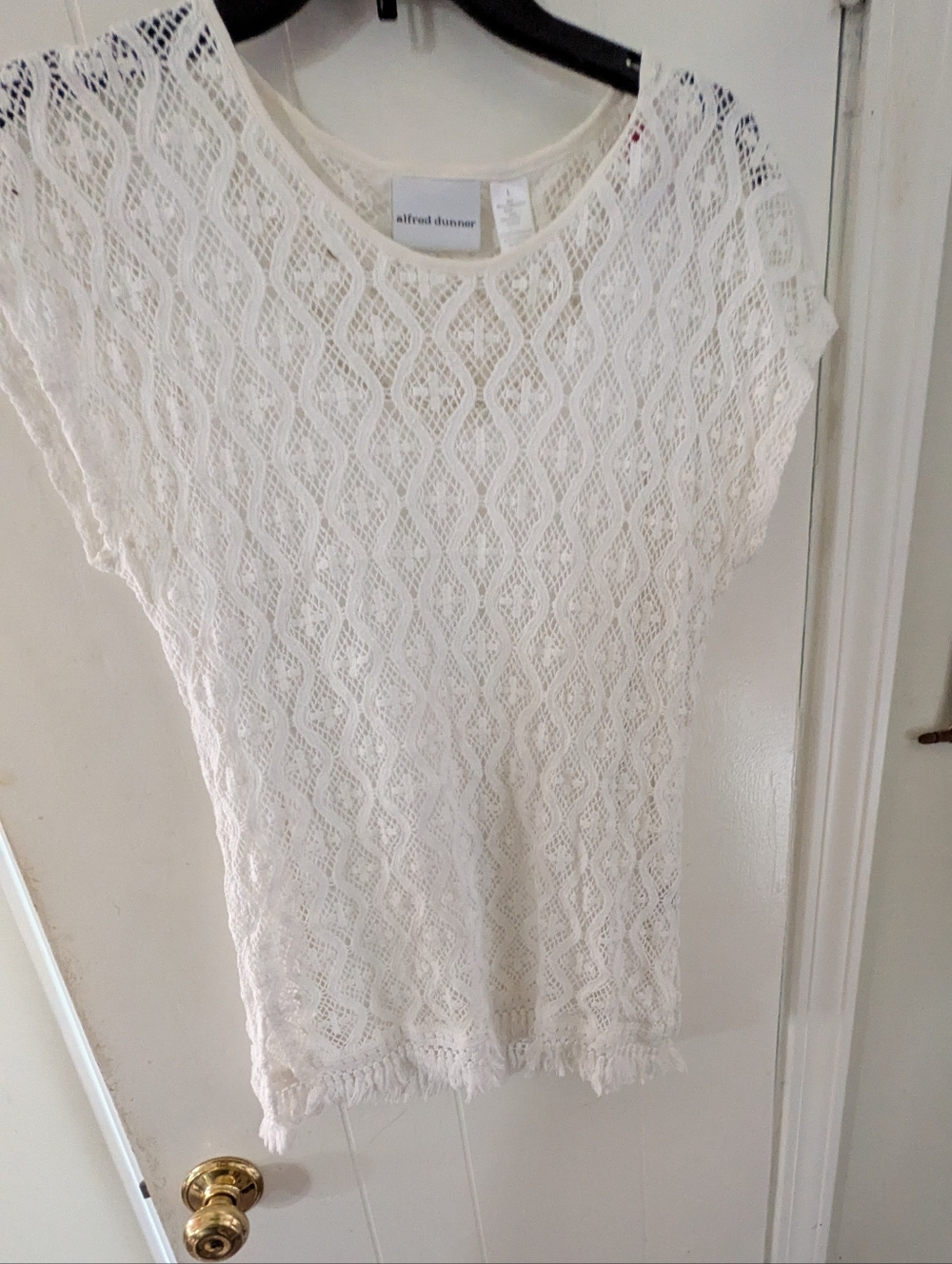 Alfred Dunner Ivory Knit Fringe Hem Top